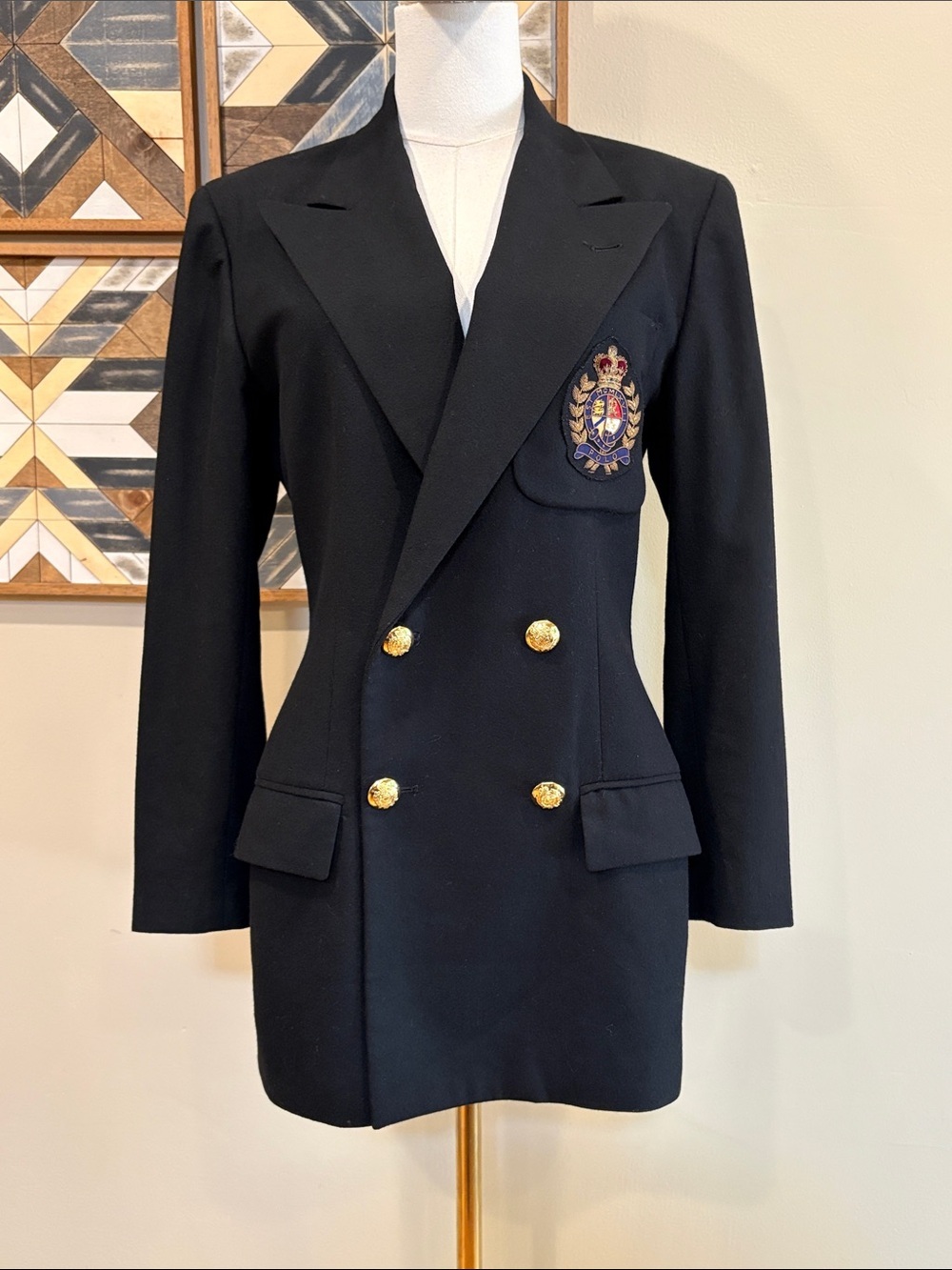 Vintage Ralph Lauren Blue Label 80s Wool Cashmere Black Logo Blazer Suit Coat 4